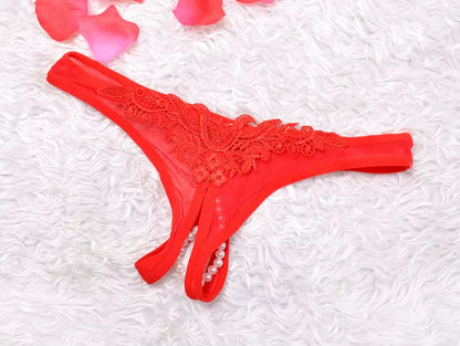 Women Low Waist Panties Lace G Strings Sexy Underwear Pearl Crotchless Briefs Female Lingerie Tanga