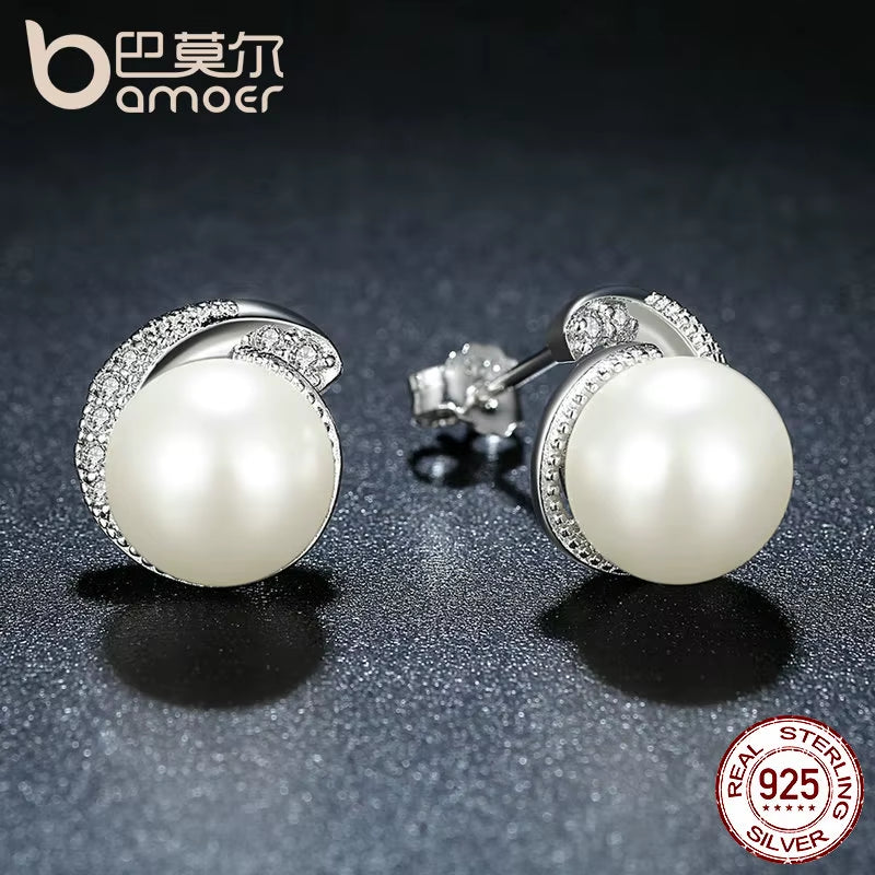 Pearl Earrings Jewelry 925 Sterling Silver White Pearl Push-Back Stud Earrings for Women Fashion Jewelry SCE021