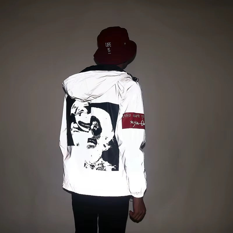 Men'S Full Reflective Jacket Casual Women Windbreaker Hip Hop Hooded Coat Waterproof Printed Streetwear Night Shiny Jackets 5XL
