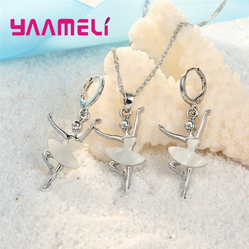 925 Sterling Silver Ballet Girls Pendants Necklaces Earrings Set for Girls Party Accessory Fashion Women Jewelry Sets